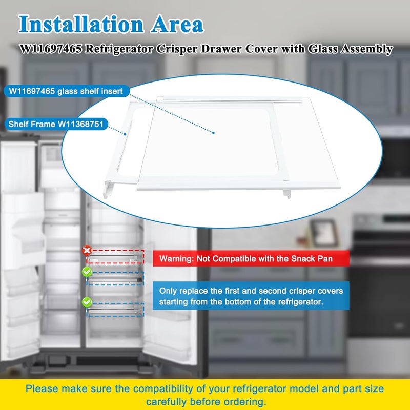 Garsoo W11368751, W11697465 Refrigerator Crisper Drawer Cover Assembly (Frame+Glass) Compatible with for whirlpool, maytag, ikea, replaces W10905531, W10904001 Shelf Frame and W11449890 Glass Shelf - Image 4